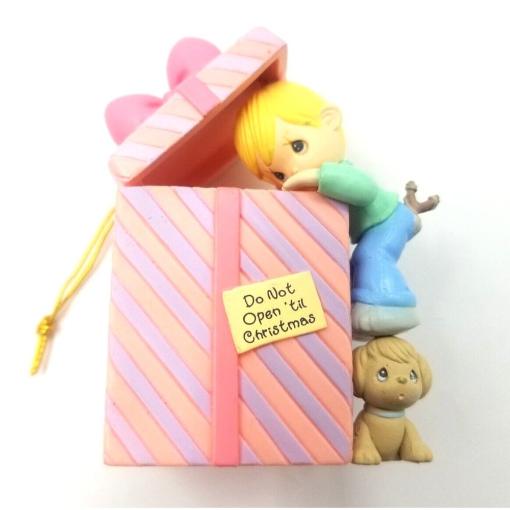 Vintage Precious Moments Do Not Open Til Christmas Boy and Puppy Ornament